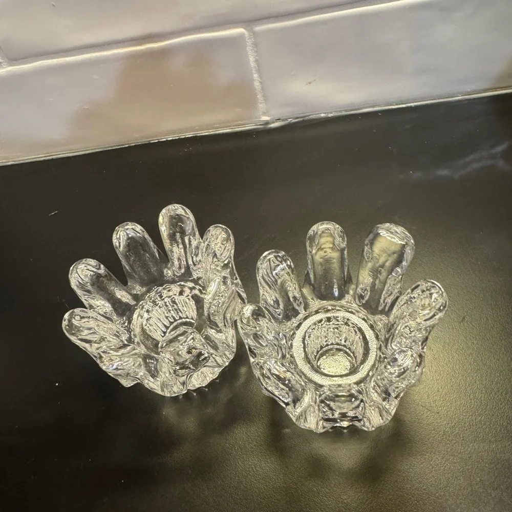 Art Glass Hand Candle Holder Set Clear Mid Century Modern Style Tea Light Pair